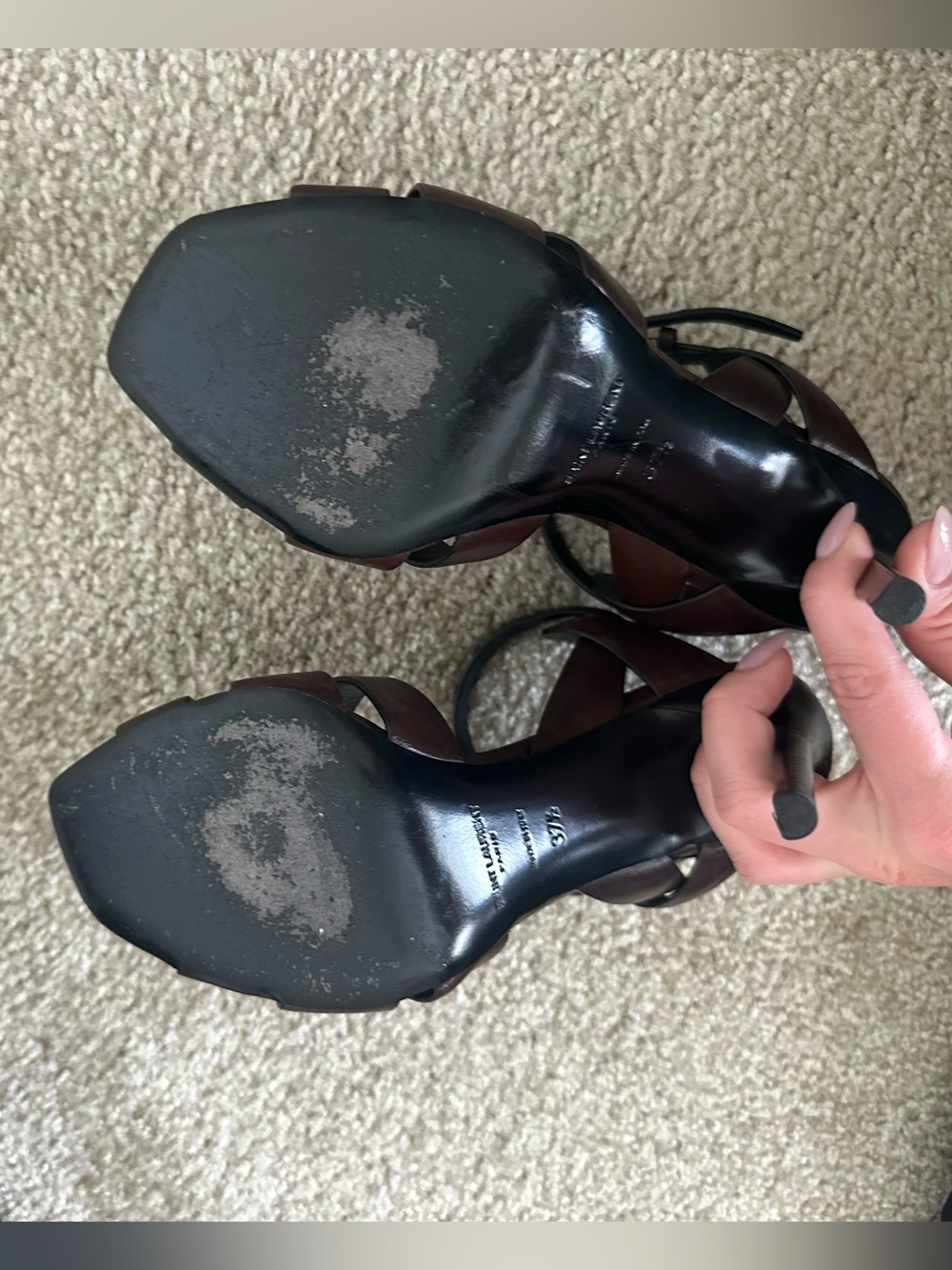 Authentic Saint Laurent Tribute T-Strap Leather Sandals Heels Brown Size 37 - Picture 11 of 13